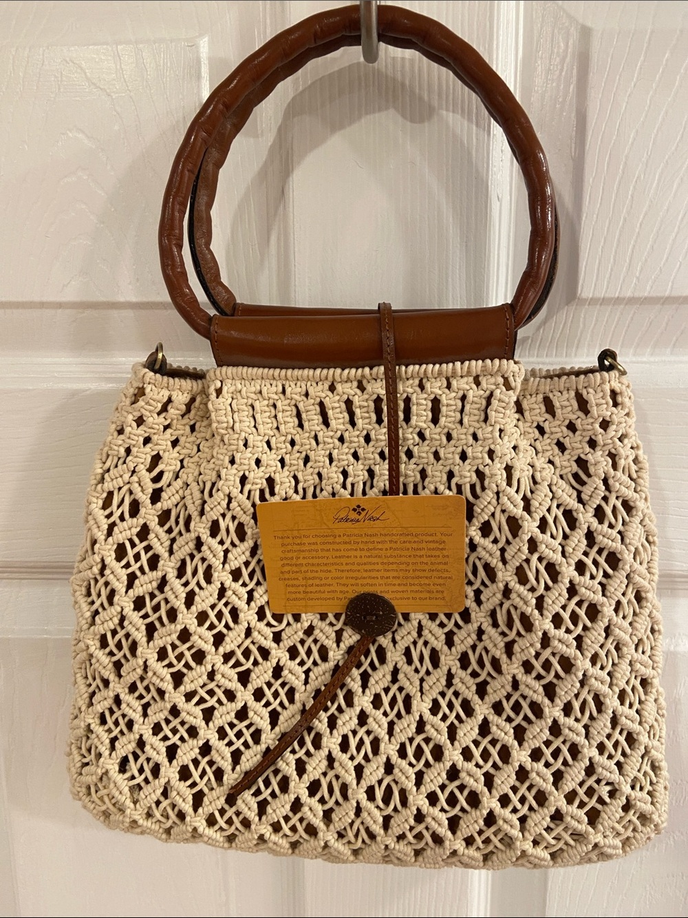 Patricia Nash Woven Cream Macramé Handbag with Brown Leather Trim
